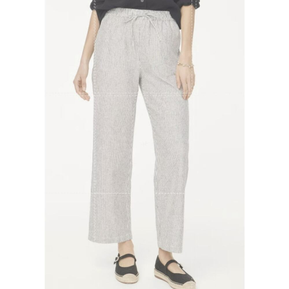 J.Crew Slim Wide Leg Linen Drawstring Pants Womens 14 Black White Striped CG405